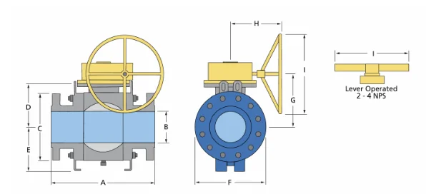 Dimension drawing with A–I reference letters, lever operated 2–4 NPS
